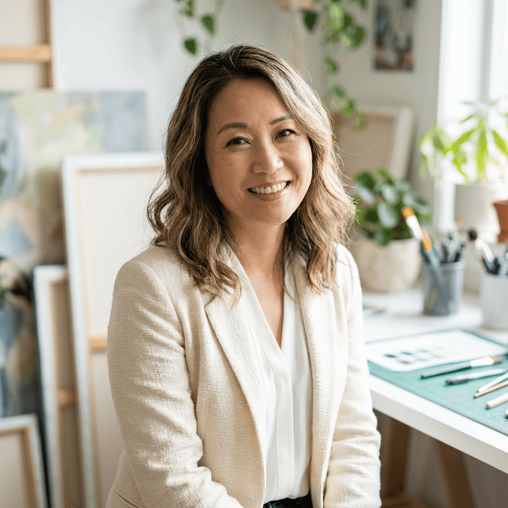 Female landscape designer in her mid 30s reviewing material samples in a studio