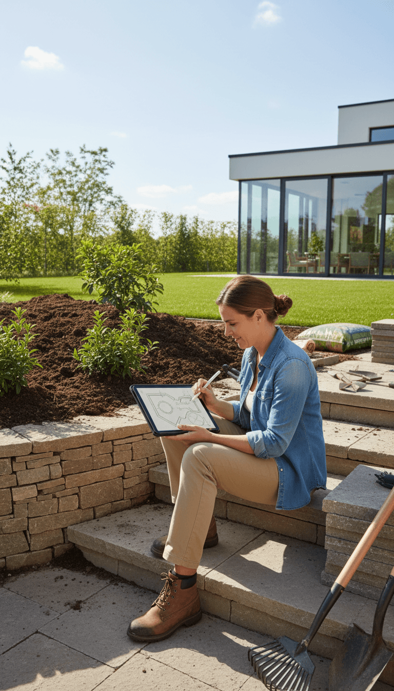 Landscape designer reviewing a patio plan on site in Toronto