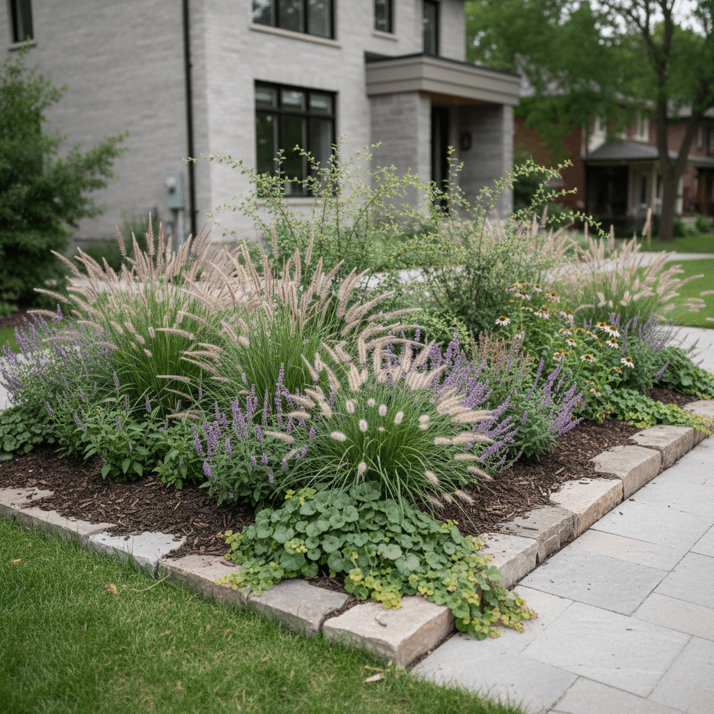 Layered garden bed with grasses and flowering perennials