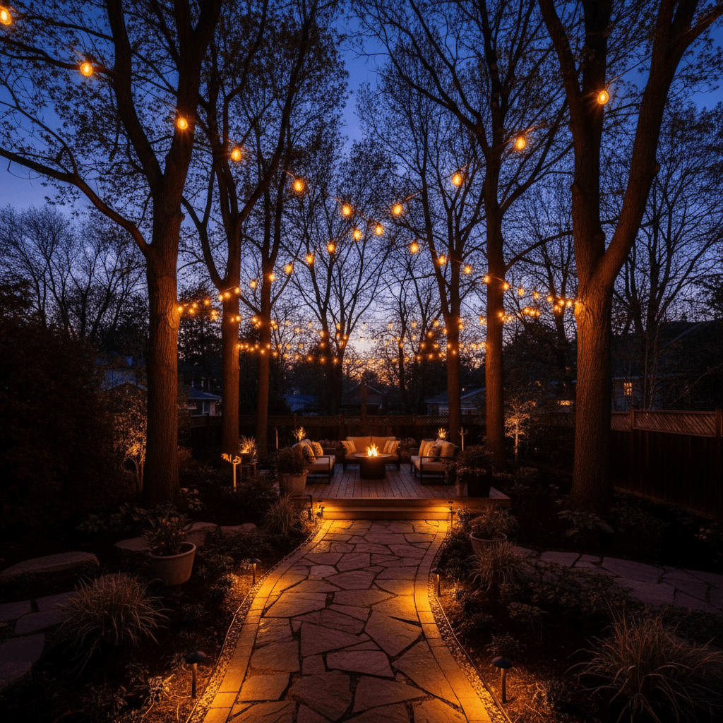 Backyard at dusk with warm pathway and accent lighting