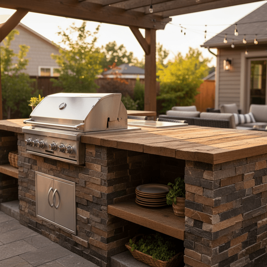 Custom outdoor kitchen with stone veneer and built-in grill