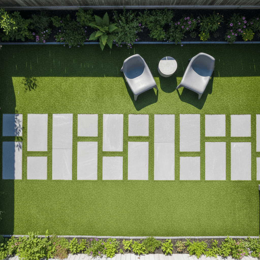 Compact low-maintenance backyard with pavers and native plants