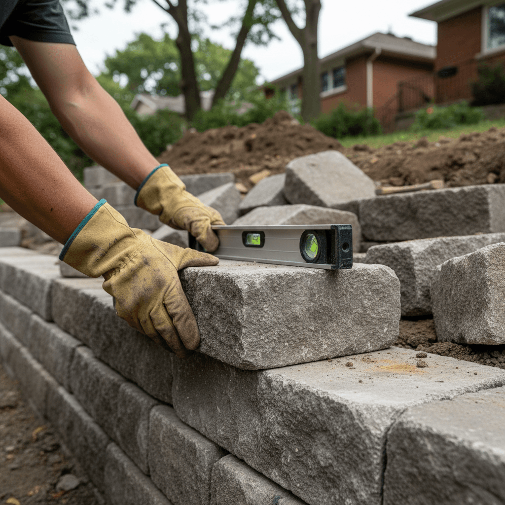 Hands building a stone retaining wall on a sloped lot