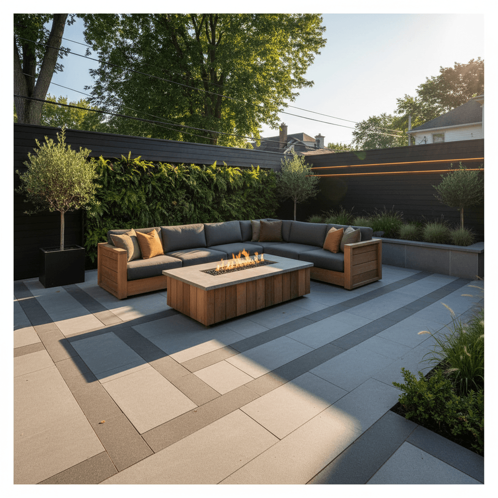 Interlocking stone patio with outdoor sectional and fire table