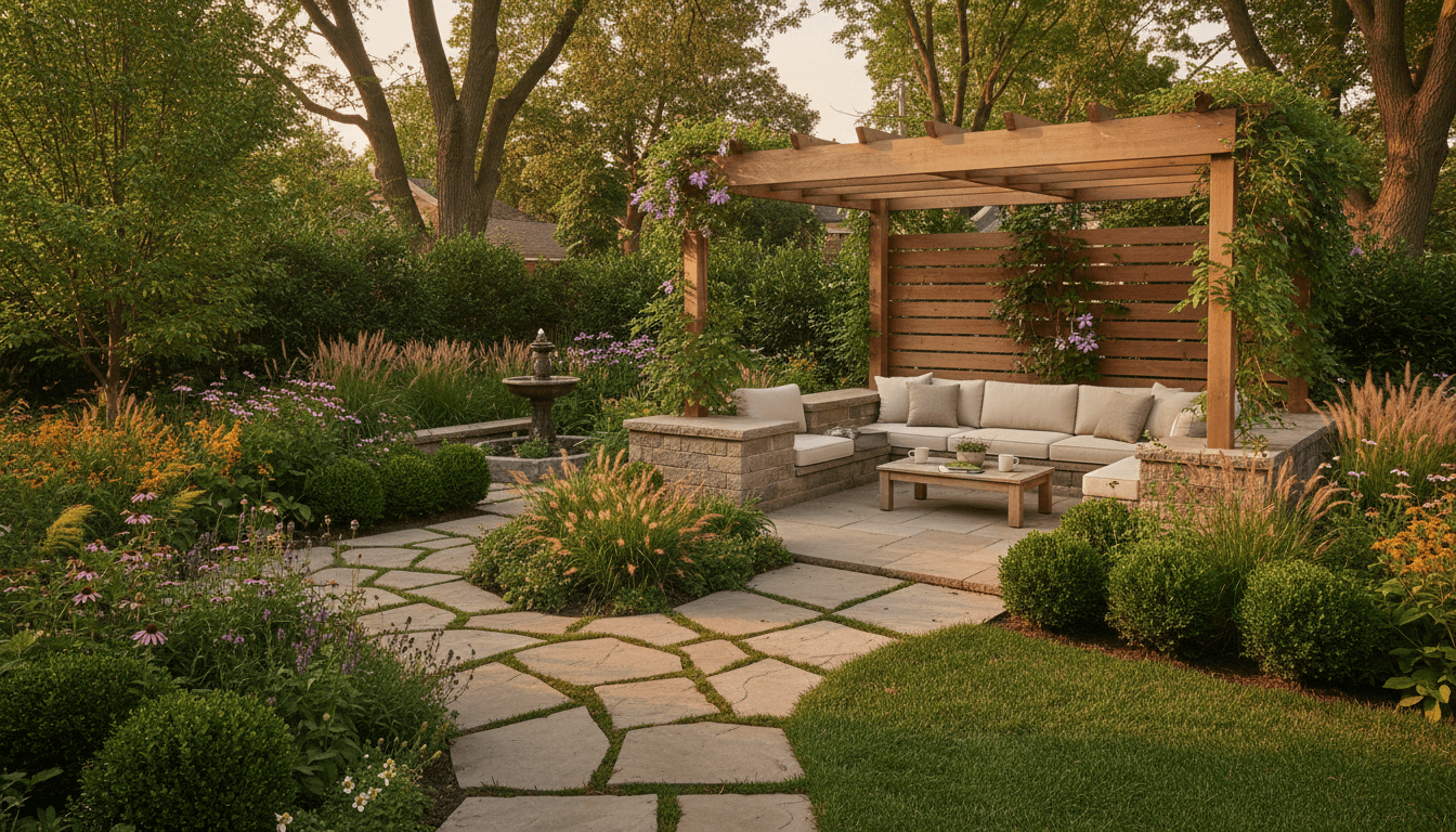 Modern Toronto backyard patio with stone walkways, cedar pergola, and lush garden beds at golden hour
