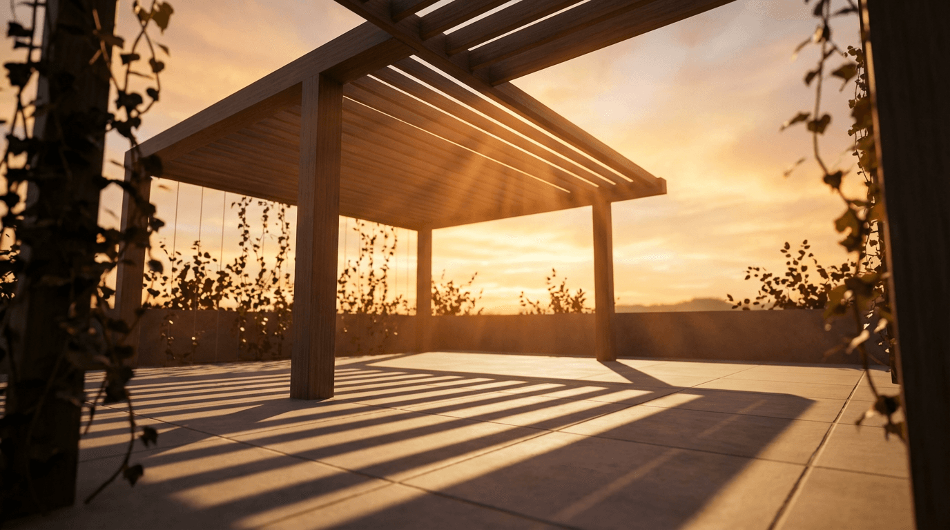 A modern designed patio with a custom-built pergola and landscaped garden in the back of a Toronto residence at golden hour