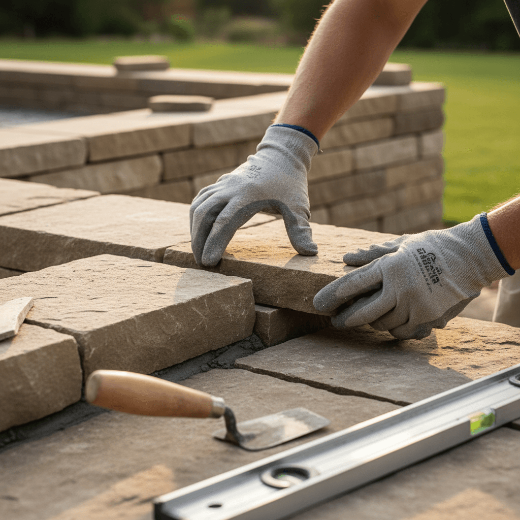 Close-up of hands placing natural stone on a retaining wall with tools nearby