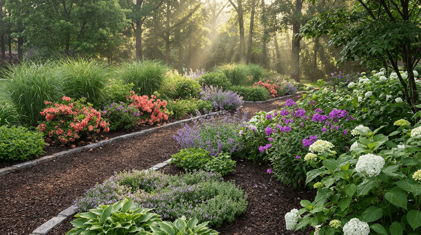 Layered perennial garden border with ornamental grasses and hydrangeas beside a paved walkway