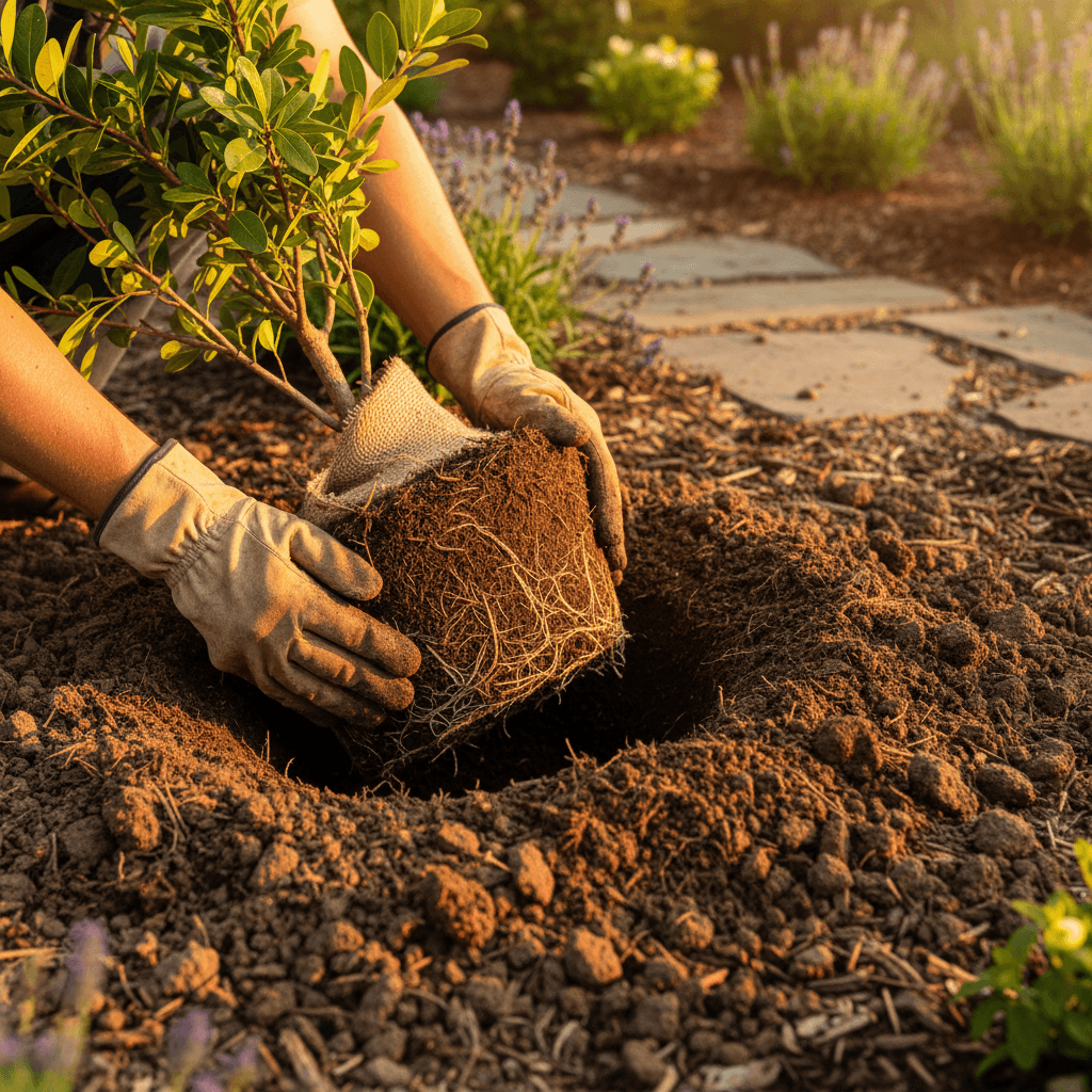 Landscaper planting a hydrangea in a Toronto garden installation